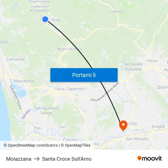 Molazzana to Santa Croce Sull'Arno map