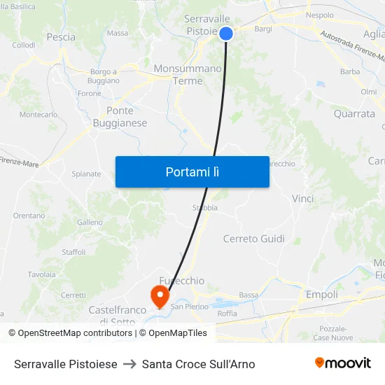 Serravalle Pistoiese to Santa Croce Sull'Arno map