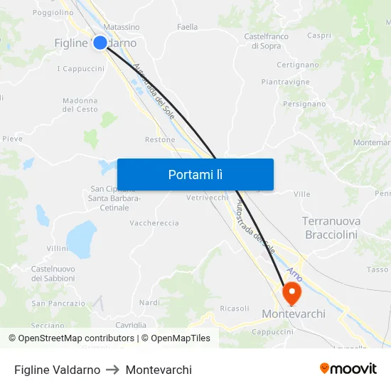 Figline Valdarno to Montevarchi map