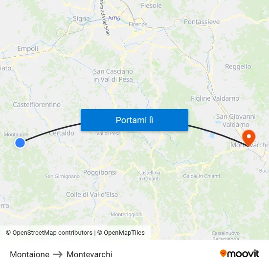 Montaione to Montevarchi map