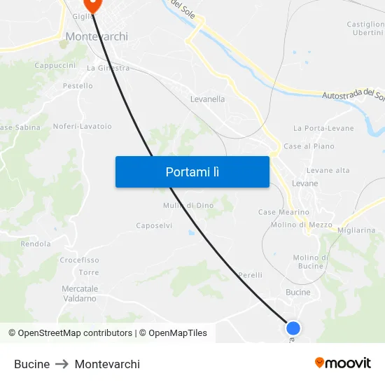 Bucine to Montevarchi map
