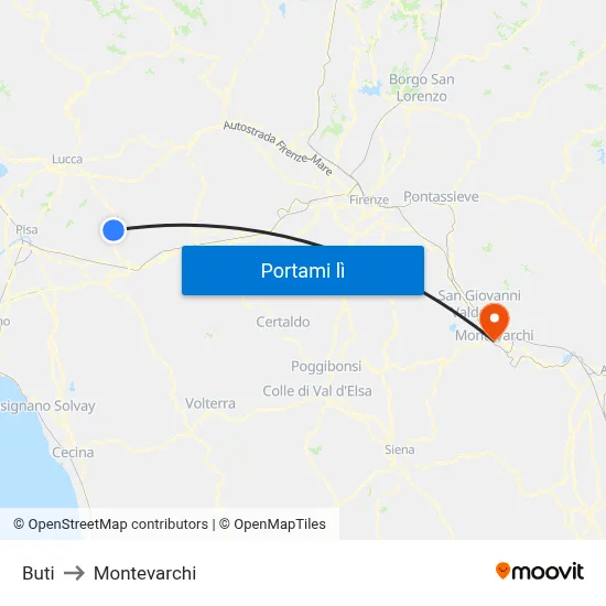 Buti to Montevarchi map