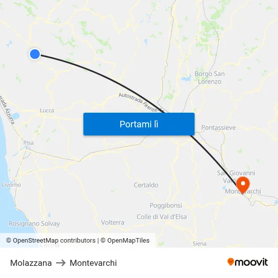 Molazzana to Montevarchi map