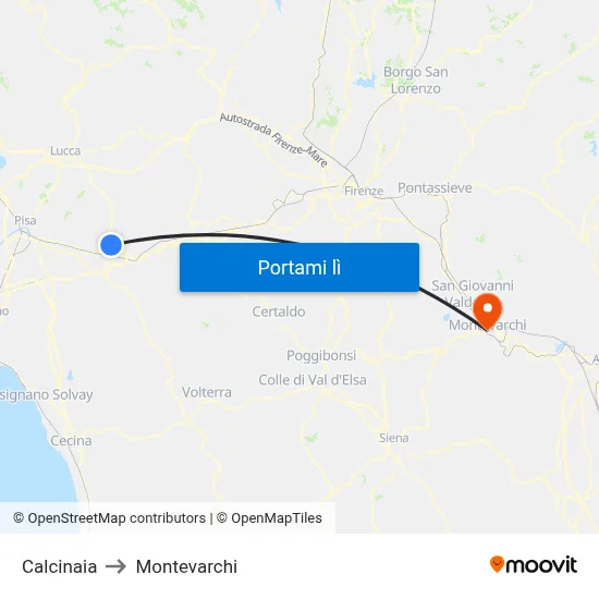 Calcinaia to Montevarchi map