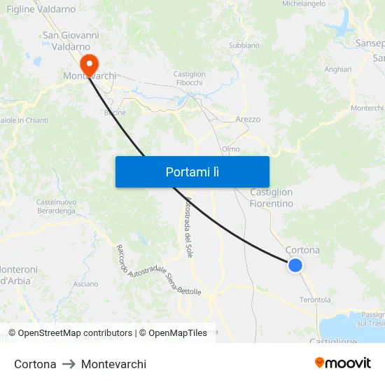 Cortona to Montevarchi map