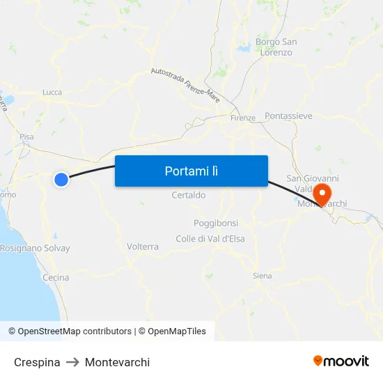Crespina to Montevarchi map