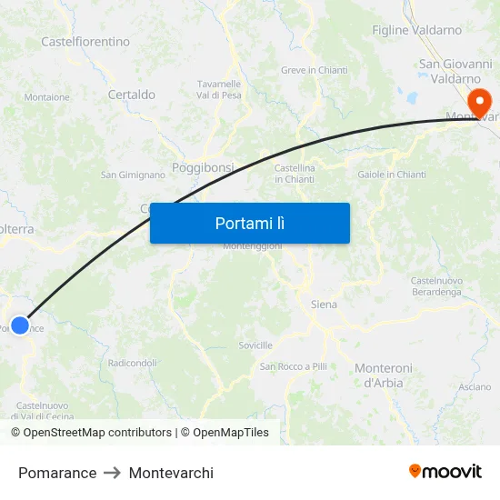 Pomarance to Montevarchi map