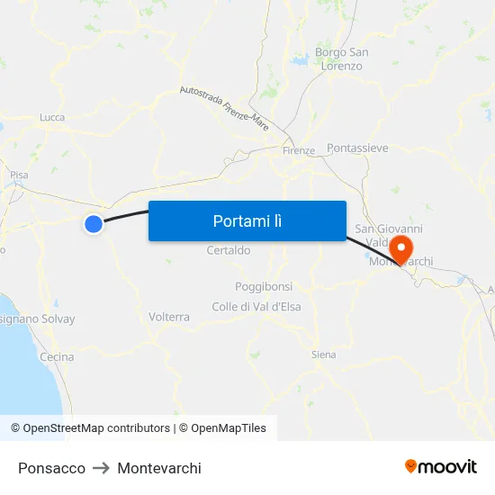 Ponsacco to Montevarchi map