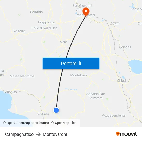 Campagnatico to Montevarchi map