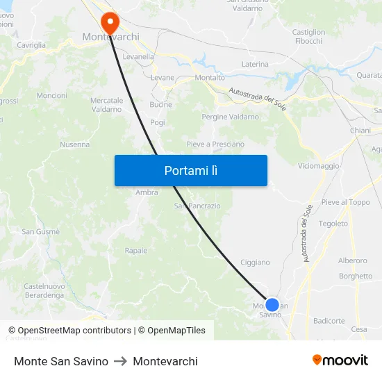 Monte San Savino to Montevarchi map