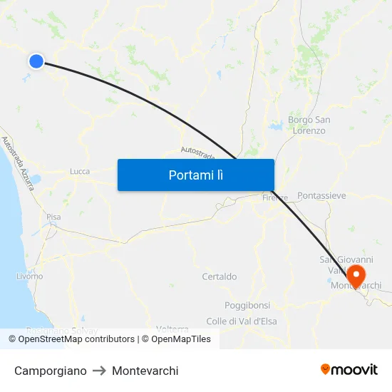 Camporgiano to Montevarchi map