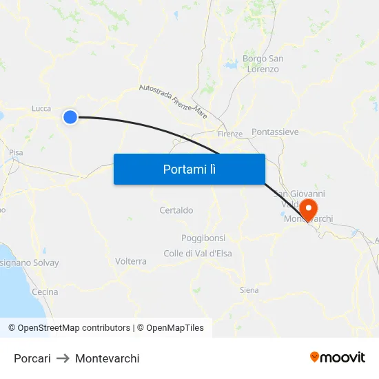 Porcari to Montevarchi map