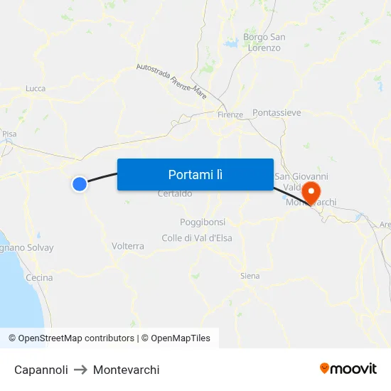 Capannoli to Montevarchi map