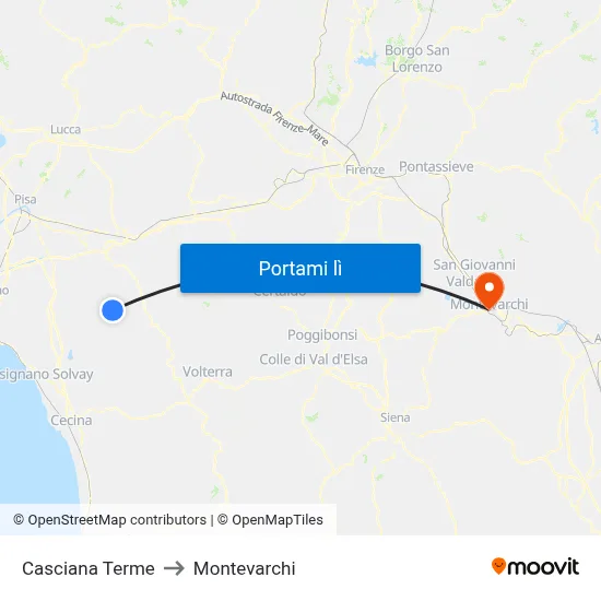Casciana Terme to Montevarchi map