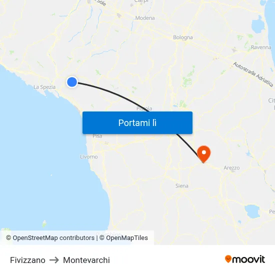 Fivizzano to Montevarchi map