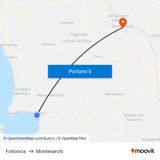Follonica to Montevarchi map