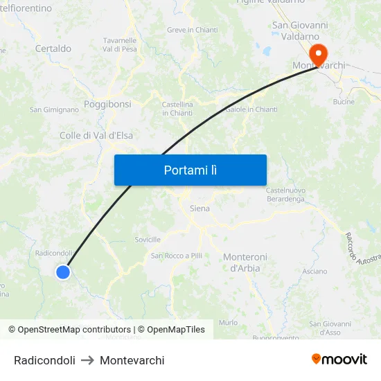 Radicondoli to Montevarchi map
