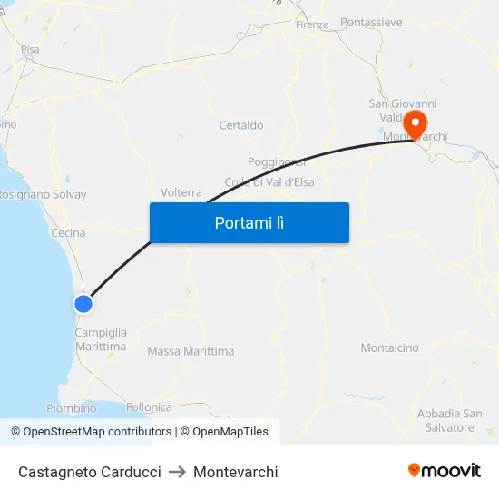 Castagneto Carducci to Montevarchi map