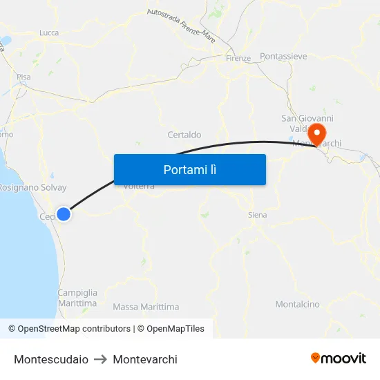 Montescudaio to Montevarchi map