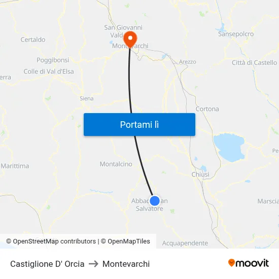 Castiglione D' Orcia to Montevarchi map