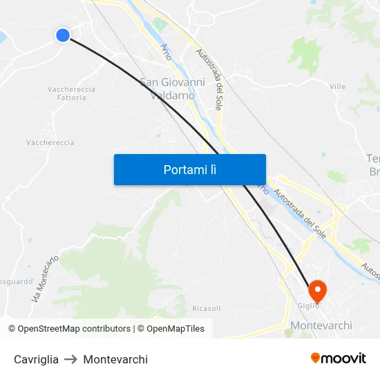 Cavriglia to Montevarchi map