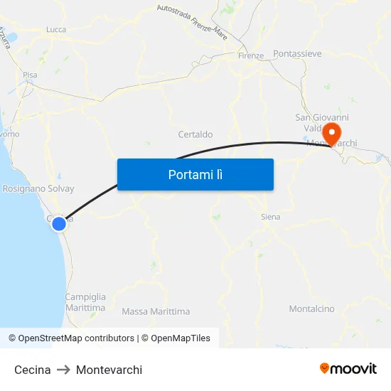 Cecina to Montevarchi map