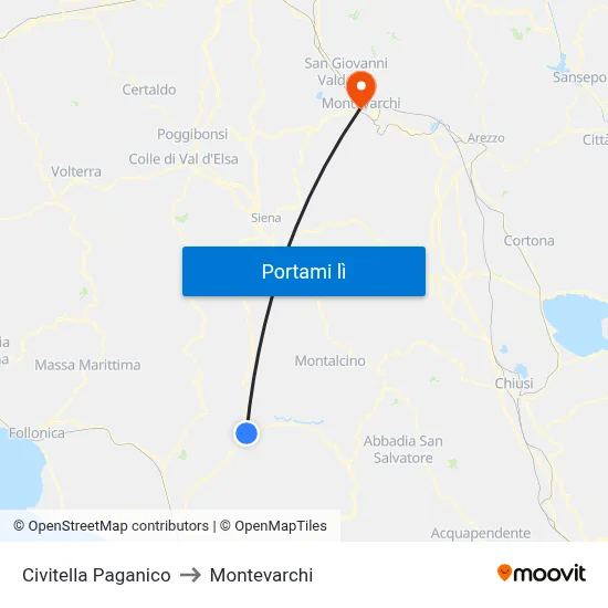 Civitella Paganico to Montevarchi map