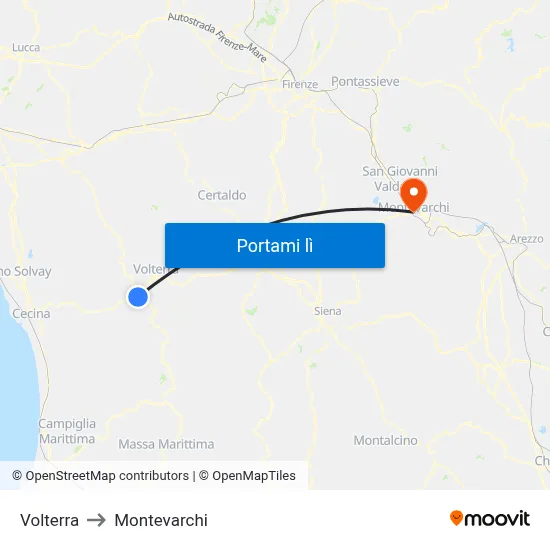 Volterra to Montevarchi map