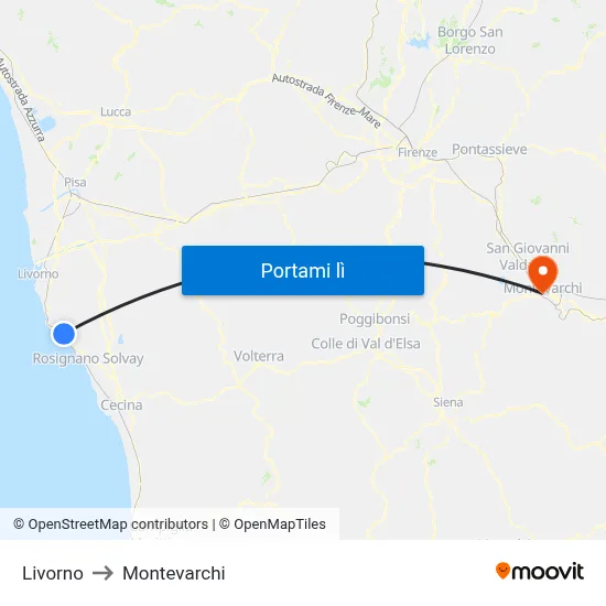 Livorno to Montevarchi map