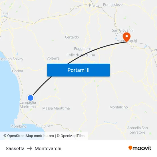 Sassetta to Montevarchi map