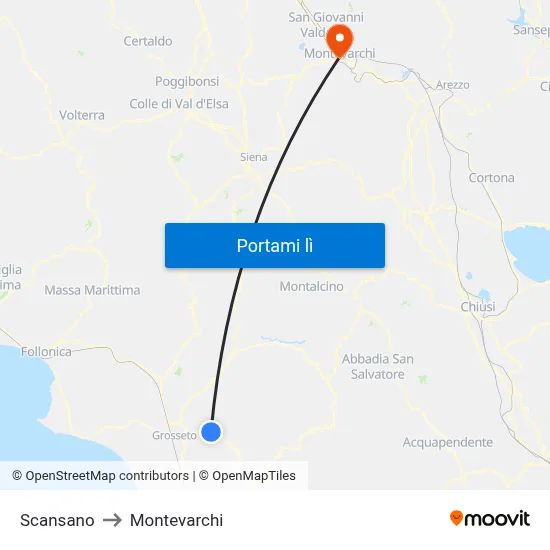 Scansano to Montevarchi map