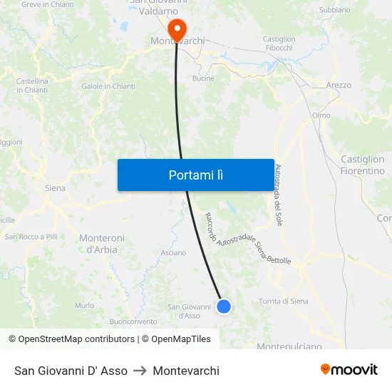 San Giovanni D' Asso to Montevarchi map