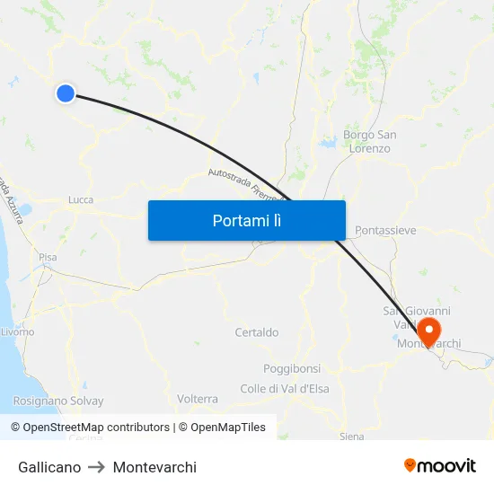 Gallicano to Montevarchi map