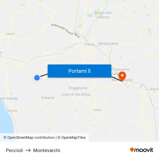 Peccioli to Montevarchi map