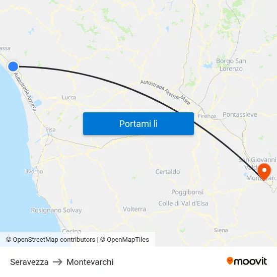 Seravezza to Montevarchi map