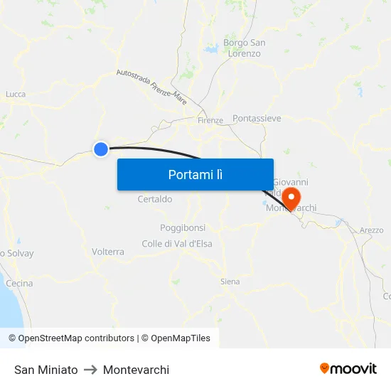 San Miniato to Montevarchi map