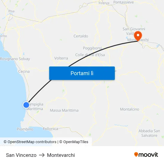 San Vincenzo to Montevarchi map