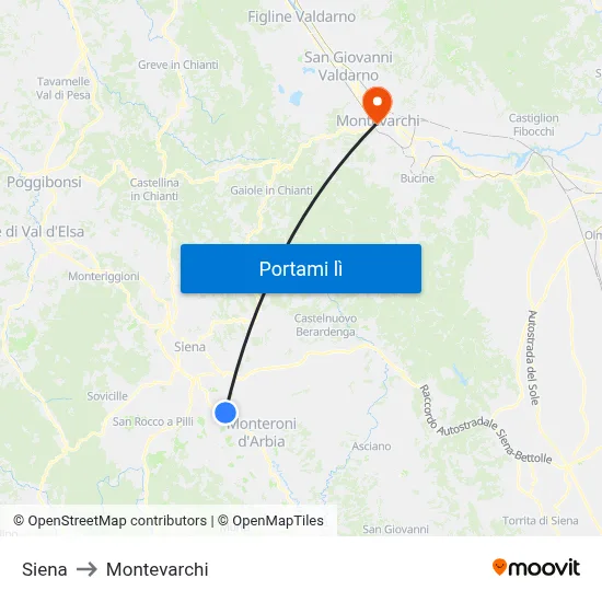 Siena to Montevarchi map