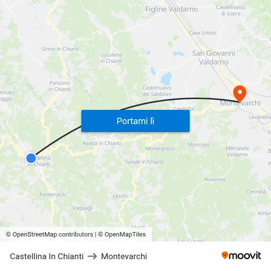 Castellina In Chianti to Montevarchi map
