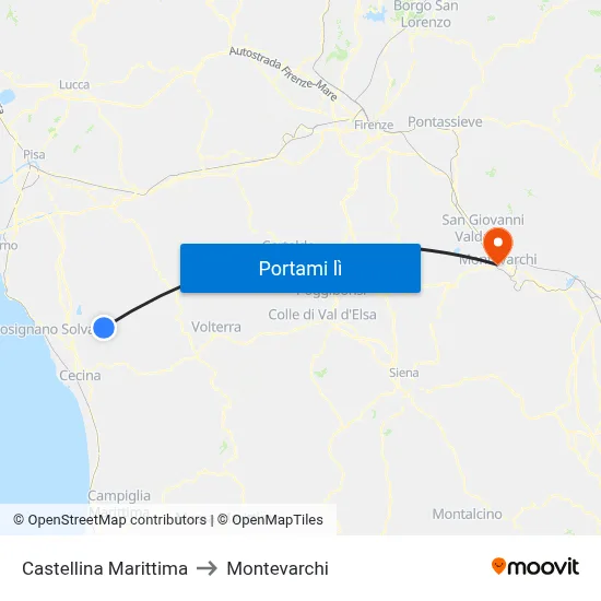 Castellina Marittima to Montevarchi map