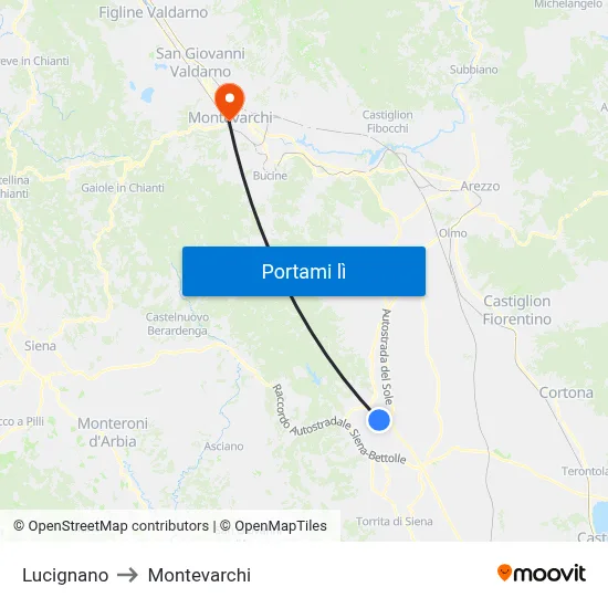 Lucignano to Montevarchi map