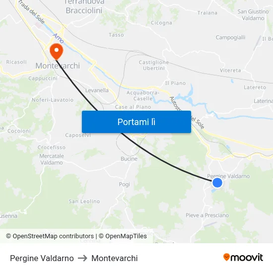 Pergine Valdarno to Montevarchi map