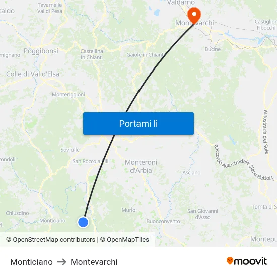 Monticiano to Montevarchi map