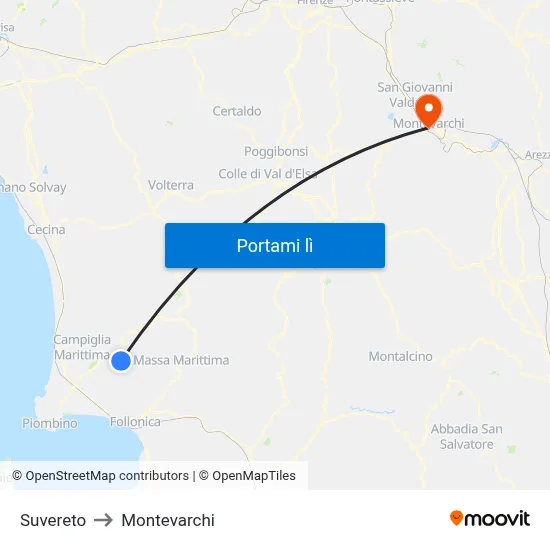 Suvereto to Montevarchi map