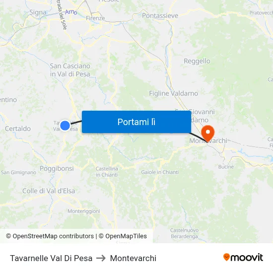 Tavarnelle Val Di Pesa to Montevarchi map