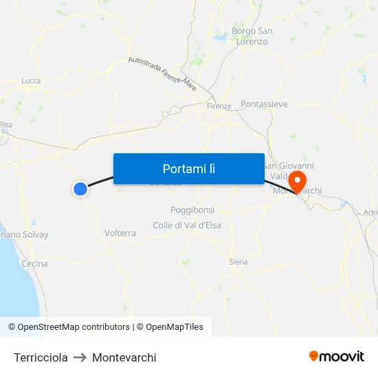 Terricciola to Montevarchi map