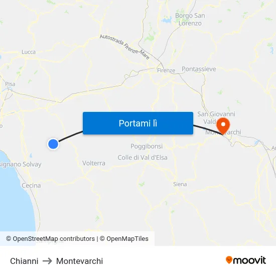 Chianni to Montevarchi map