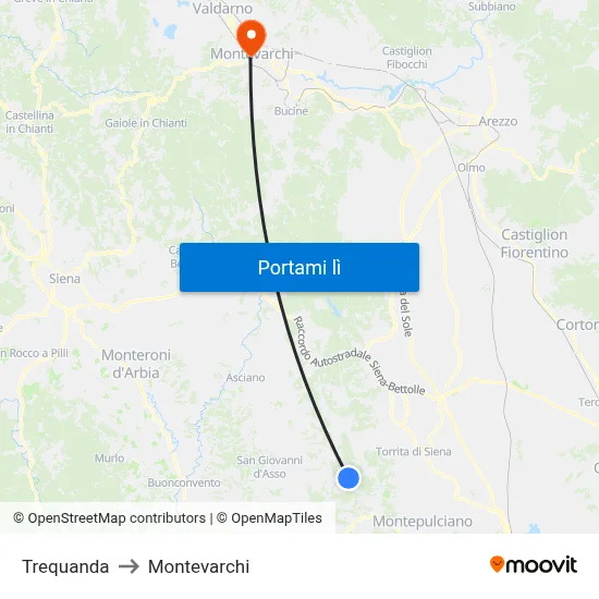 Trequanda to Montevarchi map