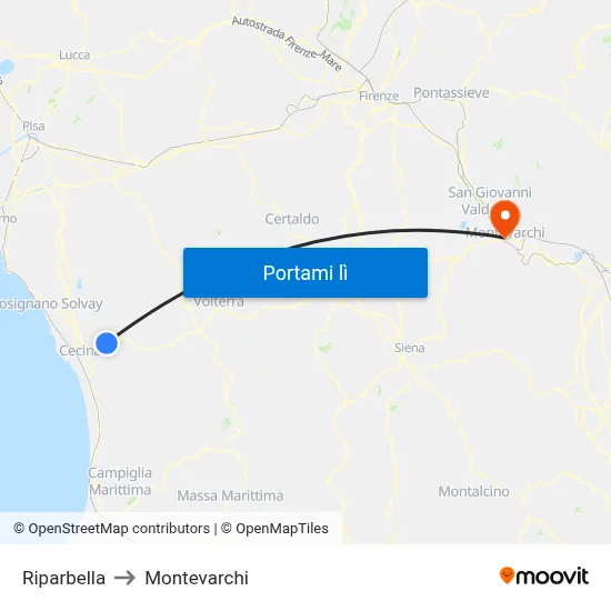Riparbella to Montevarchi map