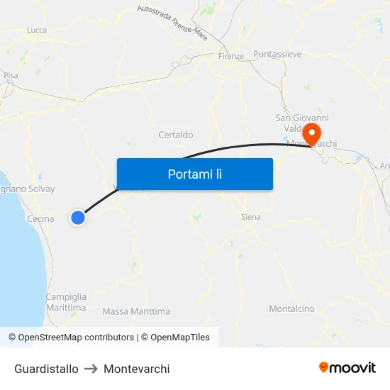 Guardistallo to Montevarchi map